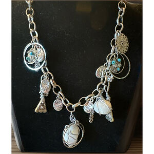 Vtg Artisan Boho Stone Charm Statement Necklace Zen Live Laugh Love Silver 18”